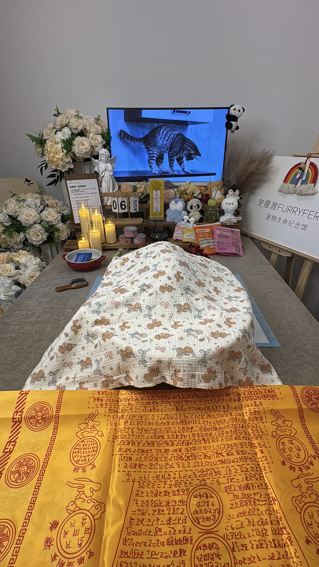 绵阳宠物告别仪式中的鲜花与纪念照片